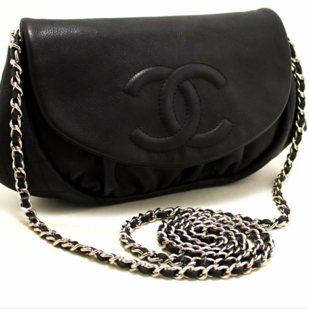 Chanel Black Caviar Leather Half Moon Wallet On Chain